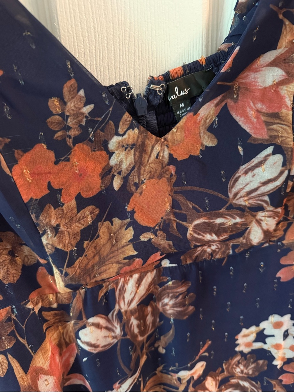 Lulu's Navy Floral High-Low Ruffle Dress with Rust and Cream Blooms - Picture 4 of 6